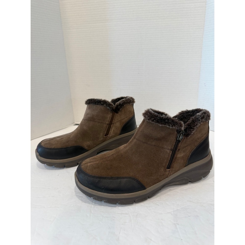 Skechers Brown Suede Faux Fur Zip Comfort Lug Sole Ankle Boots Sz 10 Wide Fit